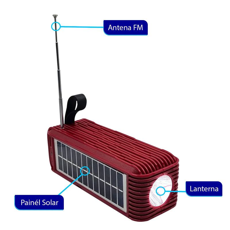 Caixa de Som com Bluetooth, Lanterna e Carregamento Solar